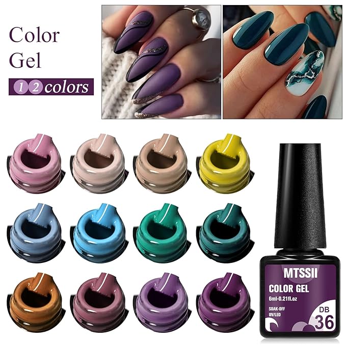 MTSSII Gel Nail Polish Set, 12PCS Nude Blue Green Purple Gel Nail Polish Kit, Soak Off UV/LED Nail Polish Nail Art Design Salon Home Gifts for Women