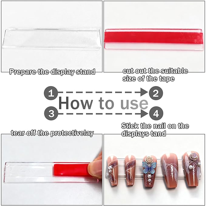 100PCS Transparent Acrylic Nail Art Display Stand-Press On Nail Art Fake Nail Tips Display Stand with 9.8ft Removable Double Sided Mounting Tape for Nail Salon Home Office Supply