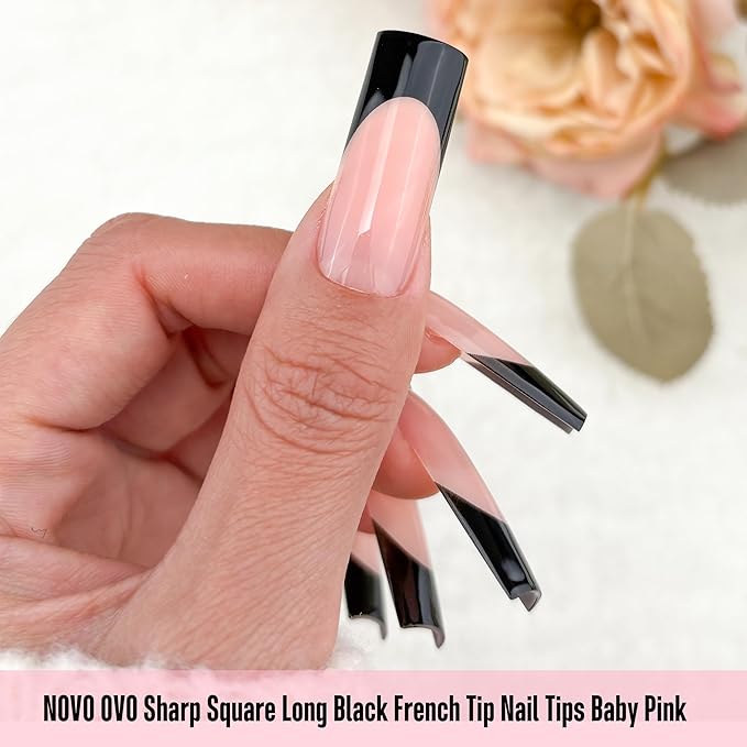 NOVO OVO Soft Gel Nail Tips Long Square - Black French Tip on Baby Pink Base, 180Pcs Full Cover False Nails for Gel X Extension, Sharp Shape Pre-Designed Press on Nails for DIY Home Salon (15 Sizes)