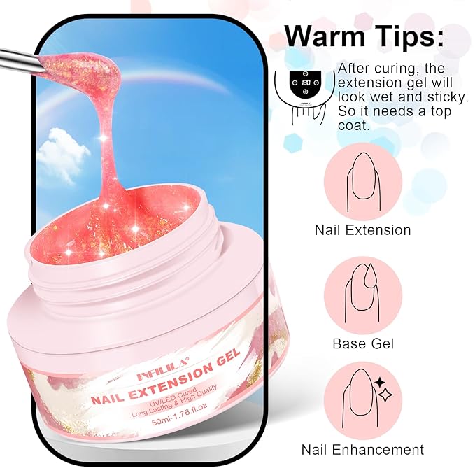 NXJ INFILILA Glitter Poly Nail Gel, Hot Pink Colors Poly Extension Gel Nail Enhancement, Thickening Glossy Builder Home DIY Salon Use for Girls UV/LED Nail Lamp Required P11