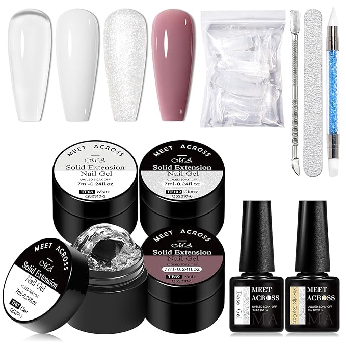 MEET ACROSS All-in-One Extension Mini Kit Non-Sticky Builder Gel Starter Kit WIth Base & Top Coat/Dual-Silicone Pen/Pro File/20-Pc Reusable Dual Forms Salon-Grade Extensions (Clear+White+Glitter+Nude)