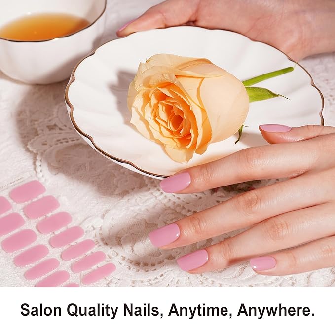 DANNI & TONI Semi Cured Gel Nail Strips Soft Light Pink Gel Nail Wraps 28 Stickers | Rose Reverie