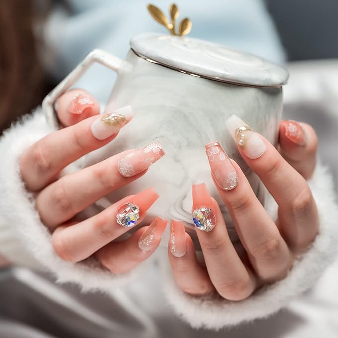 Sun&Beam Nails Handmade Long Coffin Ballerina Pink Flower False Nail Tips with Cute 3D Pearl Diamond Popular Charm Design Press On Nails 10 Pcs (#62 M)