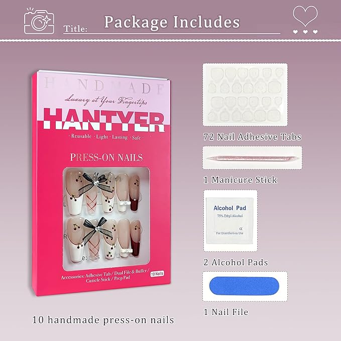 Ballet Press On Nails Long Coffin,French Red White Fake Nails Tips with Cherry Checker Design, 3D Bow Retro Cute Cat Eye False Nails for Sweet Edgy Daily Style 10PCS Nails with Tools Kits(M)