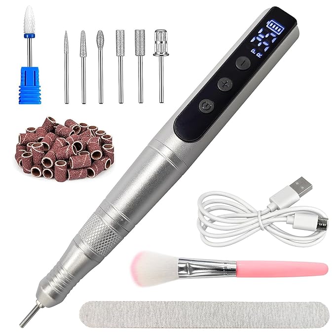 Cordless Nail Drill Set, Rechargeable & Adjustable Speeds Nail Drill Machine, Portable Nail File for Acrylic Gel Dip Powder Nails, Manicure Pedicure Tools Polishing Set for Beginner Silver