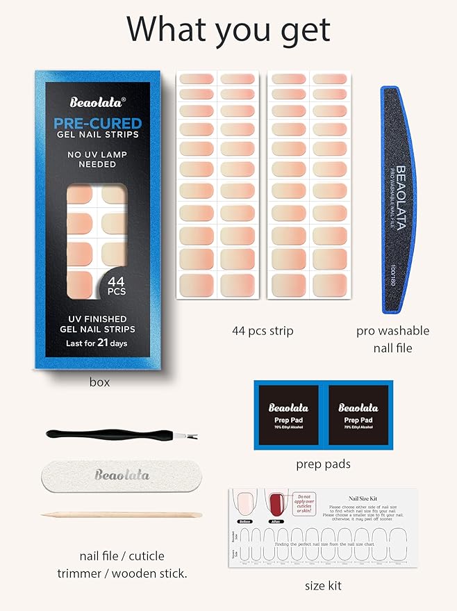 Real Gel Nail Strips (No UV Light Needed) - 44Pcs Salon Quality Nail Stickers - Long Lasting Polish Wraps for Women, Easy Apply & Remove (Sunset Glow Orange)