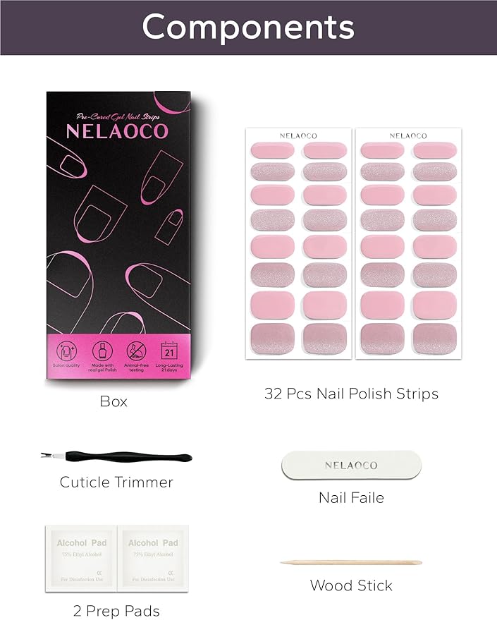 Nail Polish Strips – 32PCS UV Free Salon Quality Wraps, Long Lasting Gel Nail Stickers for Women (Peach Glow Pink)