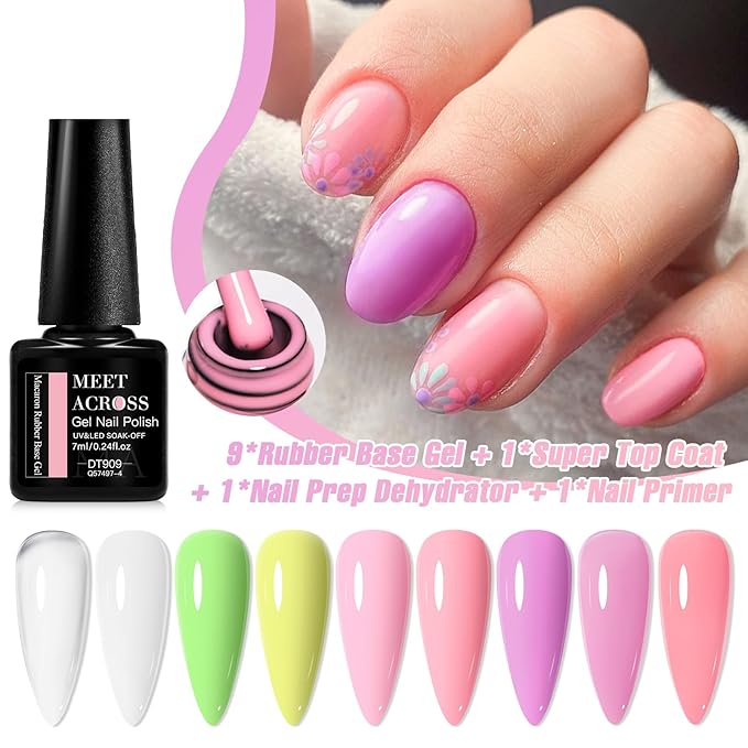 MEET ACROSS 12 Pcs Base Color Gel Nail Polish, 9 Colors Macaron Gel Polish Pink Nail Polish Clear Nail Polish Purple Sheer French Tip Base Colors Soak Off Nail Art Manicure DIY at Home Gift for Women