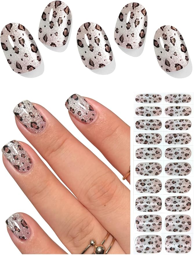 Semi Cured Gel Nail Strips (Leopard Print Cat Eye), Brown, 20 Pcs Fall Gel Nail Wraps, Stickers, Salon Quality, Works With Any UV Lamps