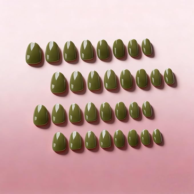 KQueenest Press On Nails Short - Olive Green Press On Nails Oval, 32 Pcs 16 Sizes Natural Short Fake Nails Press ons Almond, Reusable Opaque Glossy Gel Glue on Nail with Glue for Everyday Office Wear