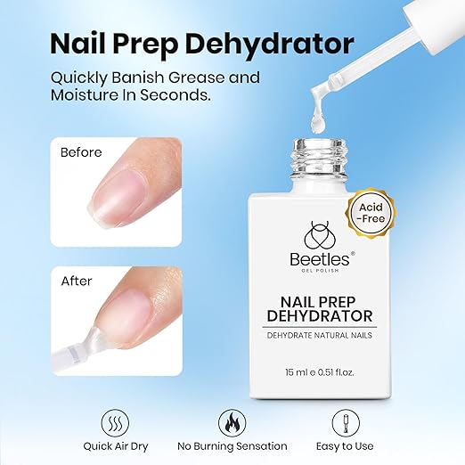 Beetles 4Pcs Gel Top Coat and Base Coat with Nail Dehydrator and Primer Set - Acid-Free & Hema-Free Nail Bond for Gel Polish & Acrylic Nails, Long-Lasting for Professional Manicure Prep Kit