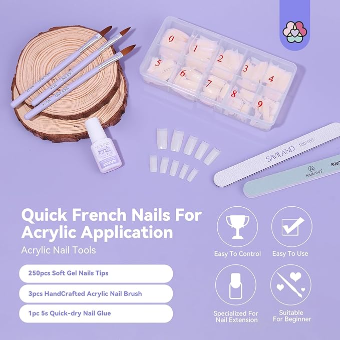 SAVILAND Acrylic Nail Tips with Acrylic Nail Brush: 10 Sizes Half Cover French Nails Tips Manicure Brush Size 8/10/14 for Acrylic Powder Nail Kit with Box Art At Home DIY