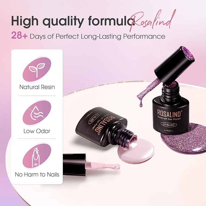 ROSALIND Gel Nail Polish Set, 8 Colors Pink Purple Glitter Gel Polish, Gentle Pink Elegant Purple Classic Gel Polish Collection Nail Art Gift DIY at Home
