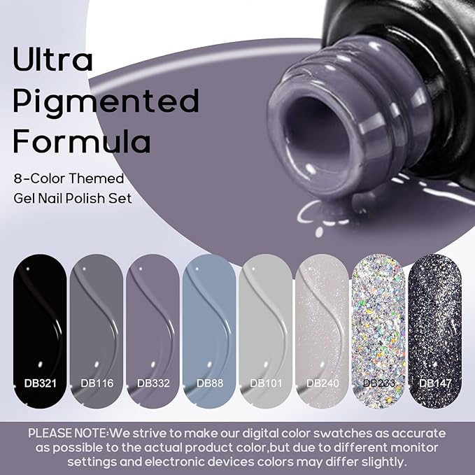 MTSSII Grey Gel Nail Polish Set 8 Colors, Gray Tone Dark Cloud Stone Seal Iron Fossil Shades Collection Black Glitter Sliver Nail Polish for Fall Winter Nail Art Kit Design Soak Off Manicure Gift