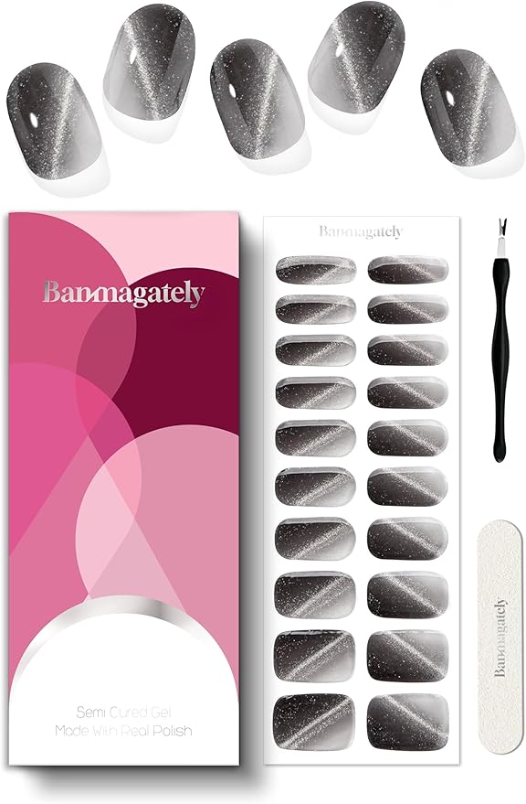 Semi Cured Gel Nail Strips, 20Pcs Long Lasting Salon Quality Wraps, Easy Apply & Remove Gel Nail Stickers with UV Light (Cosmic Silver Black)