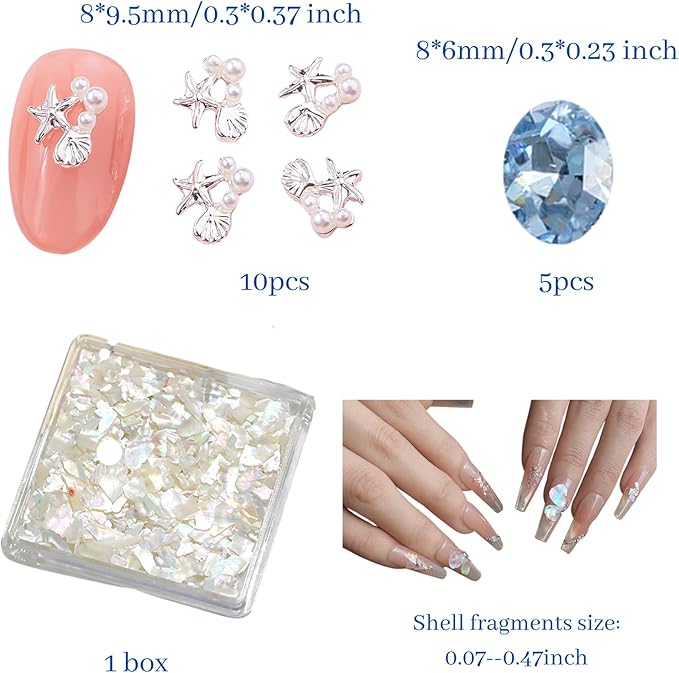 Ocean Nail Charms Gem Kit for Nail Techs – Mermaid Style 3D Nail Art Decorations with Starfish, Shells, Pearls – Professional Nail Supplies for Acrylic & Gel Designs