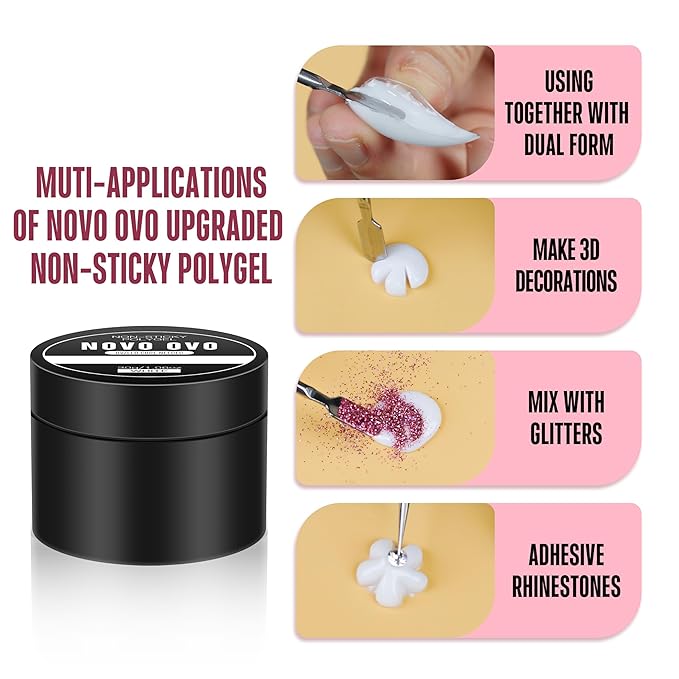 NOVO OVO Upgraded NON-STICKY Polygel Solution Procedure Set, White and Pink non-sticky Poly Gel, Dual-Ended Nail Pen, Extra Slim Nail File, Easy to Use Together with Toe or Hand Nail Dual Forms