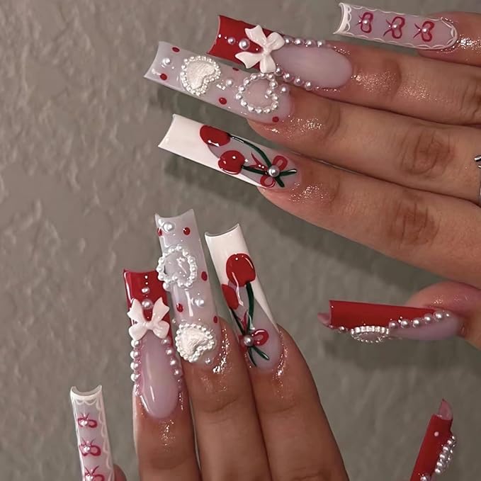 MISUD Press on Nails - Extra Long Square Glue on Nails with Red French Tip, Acrylic Cherry Bow Design 24 pcs