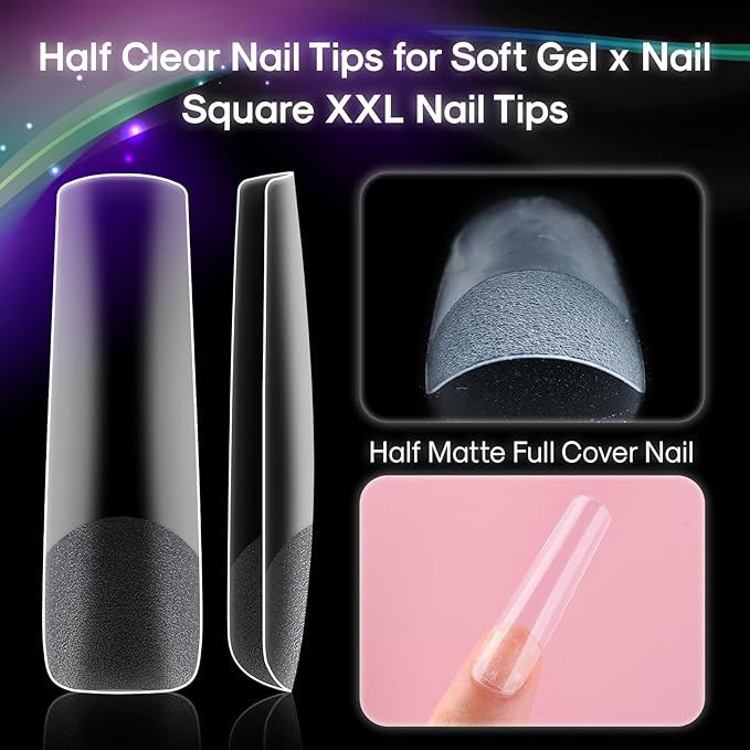No C Curve XXL Square Nail Tips, Half Matte Clear Half Cover, Square Straight Flat Tips for Acrylic Nails Art Design, Salons, Home DIY Nail Extension(12 Sizes 240PCS)