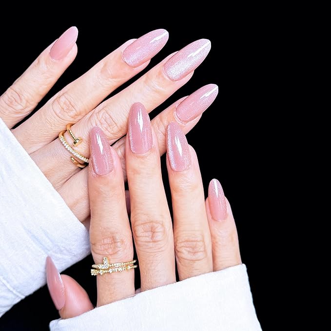 Nude Press On Nails Cat Eye - Almond Soft Gel Flexible Nails with Subtle Shimmer, Long-Lasting Chip-Free Reusable Manicure for Women DIY Nail Art, 24Pcs Nail Kit with Glue, Tabs, File, Prep Pad, Stick