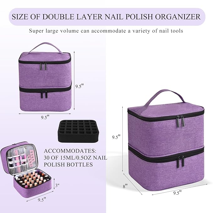 Nail Polish Organizer, Nail Polish Storage Holds 30 Bottles & Nail Lamp, Double Layer Nail Bag Organizer Case, Portable Nail Polish Holder for Nail Tech Travel & Manicure Kit