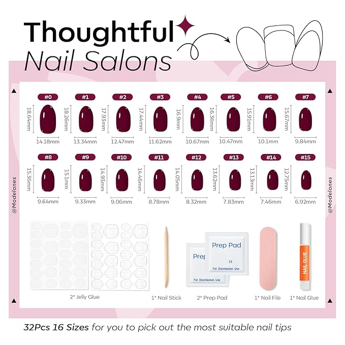 modelones Short Press on Nails, Oval Fake Nails Kit Press Ons with Nail Glue, Adhesive Tabs, Nail File, Prep Pad, Manicure Stick, 32Pcs 16 Sizes, Burgundy, Spring Women Girl Gift