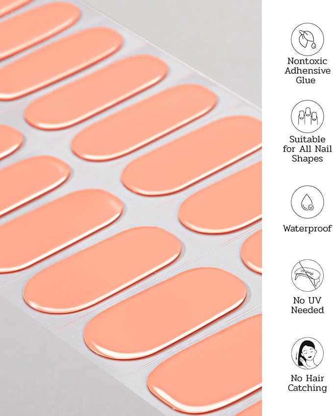 Nail Polish Strips (No UV Lamp Needed) - 22 Pcs Salon Quality Gel Nail Stickers - Long Lasting Wraps (Sunny Orange)