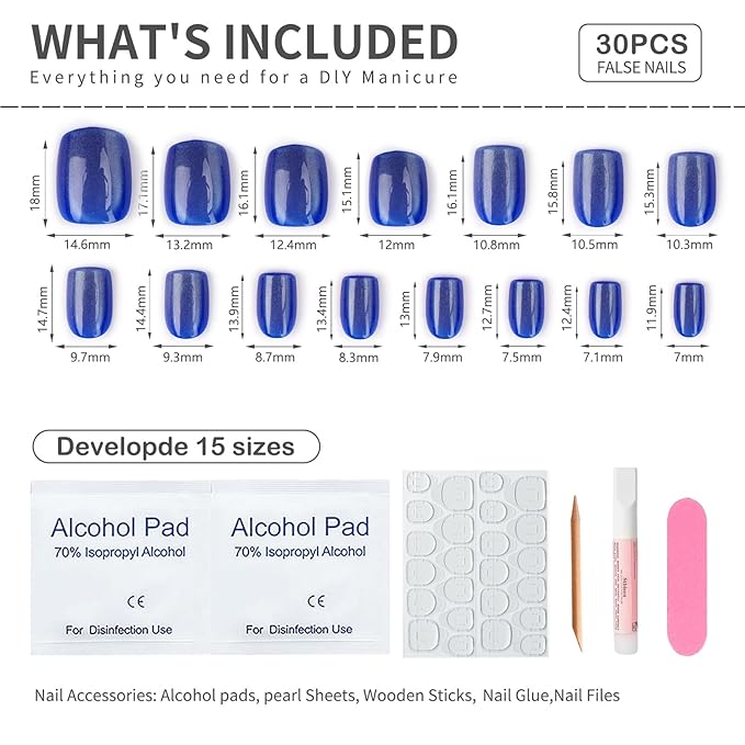 Blue Press on Nails Short Square Ice Blue Cat Eye Press on Nails Fashion Gel Fake Nails Reusable Acrylic Fake Nails Glossy Stick on Nails for Women Girls Gift Glue on Nails Kit