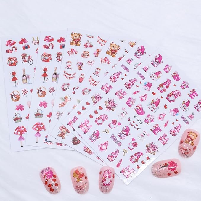 6 Sheets Valentines Day Nail Art Stickers 3D Self-Adhesive Heart Nail Stickers Romantic Cupid Angel Dwarfs Bear Lovers Designs Red Pink Nails Art Supplies Valentines Nail Decals for Women DIY