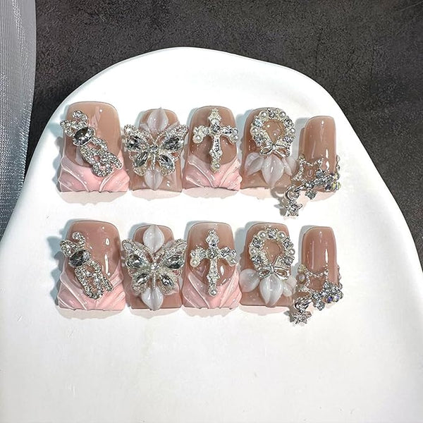 10 Pcs Luxury Duck Press on Nails Medium 3D Butterfly Rhinestone Design Handmade Fake Nails Sparkling French Tip Acrylic Nails Press Ons Glossy Short Thicked Glue on Nail for Women (M)