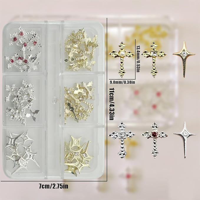 3D Cross Nail Charms for Nail Art, 60 Pcs Metal Crystal Cross Nail Decorations, Alloy Nail Studs and Rhinestones for Women Girl DIY Jewelry Crafts Supplies (Gold+Silver)