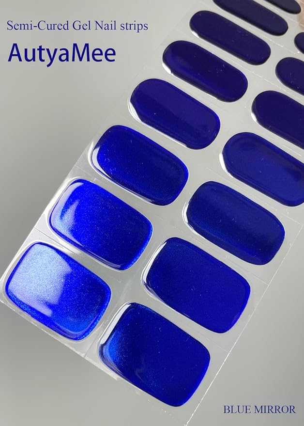Semi Cured Gel Nail Strips (Blue Mirror), Chrome, 20 Pcs Gel Nail Wraps, Stickers, Salon Quality, Long Lasting, Works with Any UV Lamps