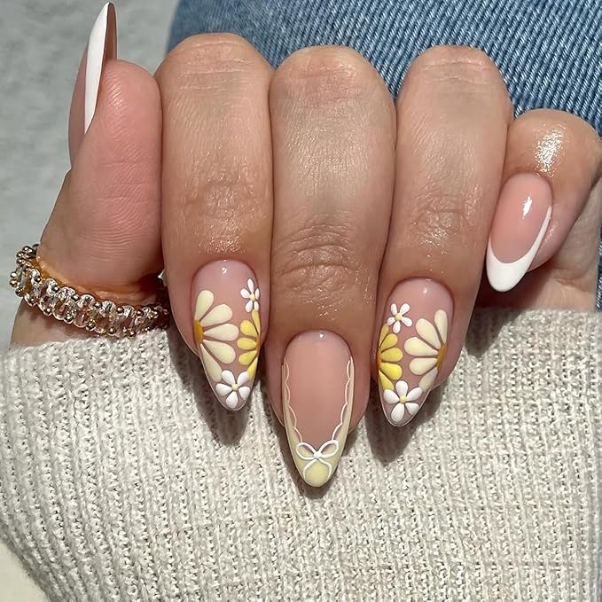 evpct Flower French Tips Press on Nails Short Almond for Women Gift, Nude + Yellow Tips, Glossy Soft Gel Press Stick on Nail with Nail Kit, Supremely Fit Full Cover, Reusable Acrylic Fake Nails Kit