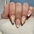 evpct Flower French Tips Press on Nails Short Almond for Women Gift, Nude + Yellow Tips, Glossy Soft Gel Press Stick on Nail with Nail Kit, Supremely Fit Full Cover, Reusable Acrylic Fake Nails Kit