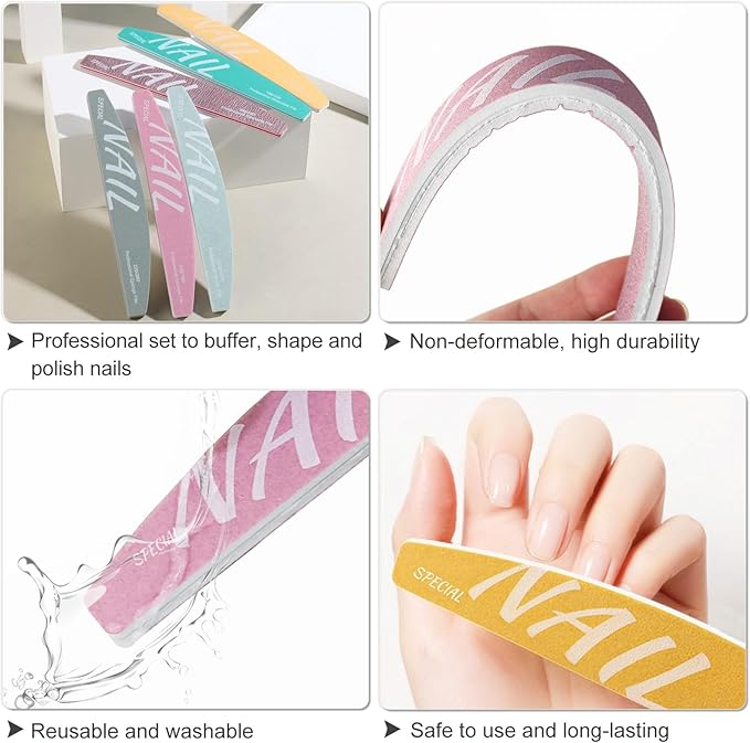 Nail Files and Buffers Kit 6Pcs 100/150/180/220/240/280/1000/4000 Grit Professional Emery Boards Reusable Washable Coarse Nail File for Gel Nails