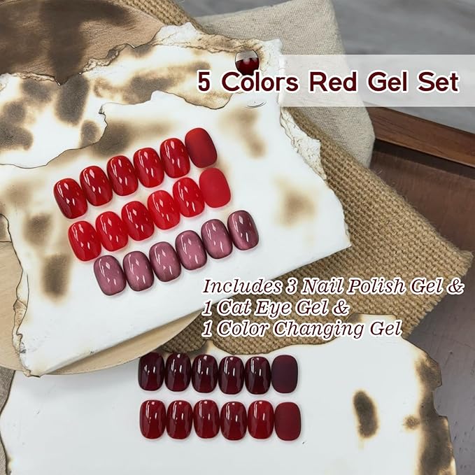 ADHERE Red Gel Nail Polish Set 12ML- 5 Colors Popular Gel Polish Cat Eye Magnetic Gel Burgundy Red Christmas Nail Gel Polish Soak Off LED Kit Manicure Salon DIY Nails Gift For Women ﻿