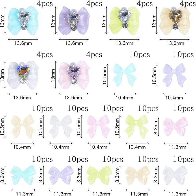 HNUIX Bow Nail Charms - Champagne, AB, White, Heart Rhinestones for Acrylic Nails, with Kit, for Nail Art, DIY Crafts Decor