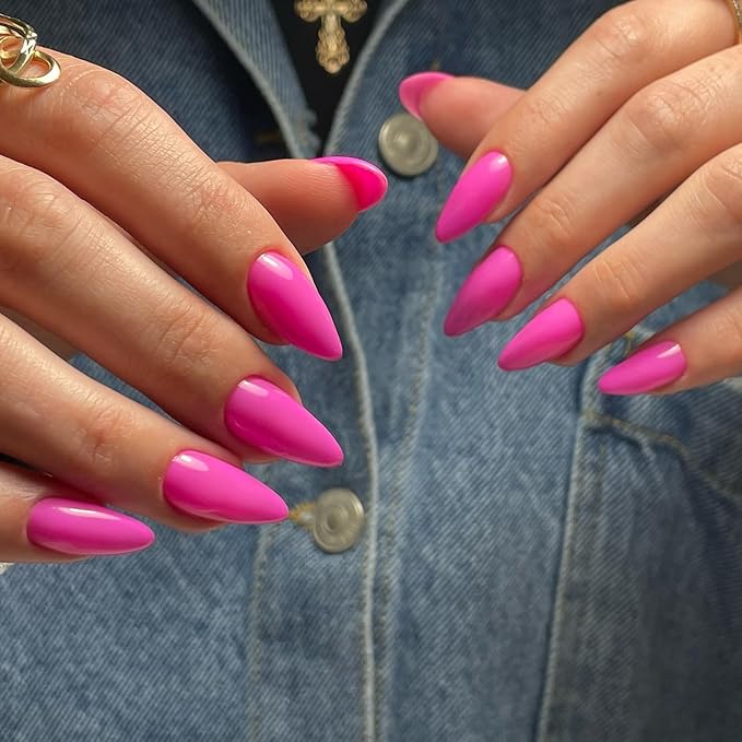 Hot Pink Press On Almond Shaped 48pcs Neutral Thick Fake Nails - Medium Neon Almond Reusable Acrylic Glue On Medium Length Stiletto False Gel Artificial Nails