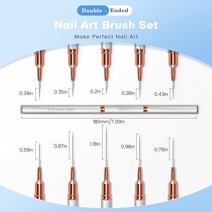 Nail Art Brushes, Eptbsdu 5PCS Double Ended Nail Art Liner Brushes with Cap Striping Liner Brush Nail Design Brushes for Long Lines, Tiny Details, Fine Drawing Nail Brushes for Nail Art, Silver