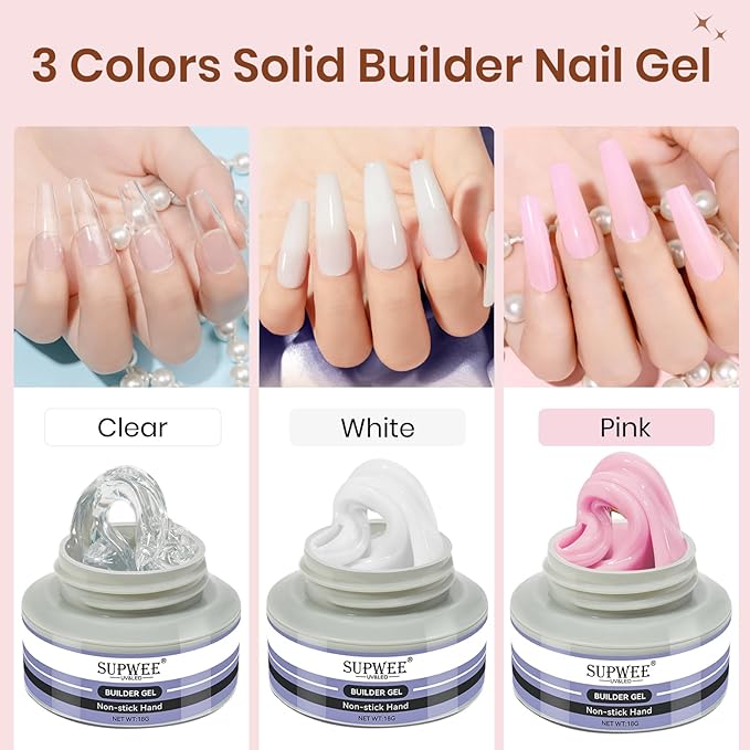 Solid Builder Gel for Nails, Clear White Pink Hard Gel for 3D Nail Art Sculpting with UV Lamp & Chrome Powder for Home DIY Salon, 18g (0.63oz)