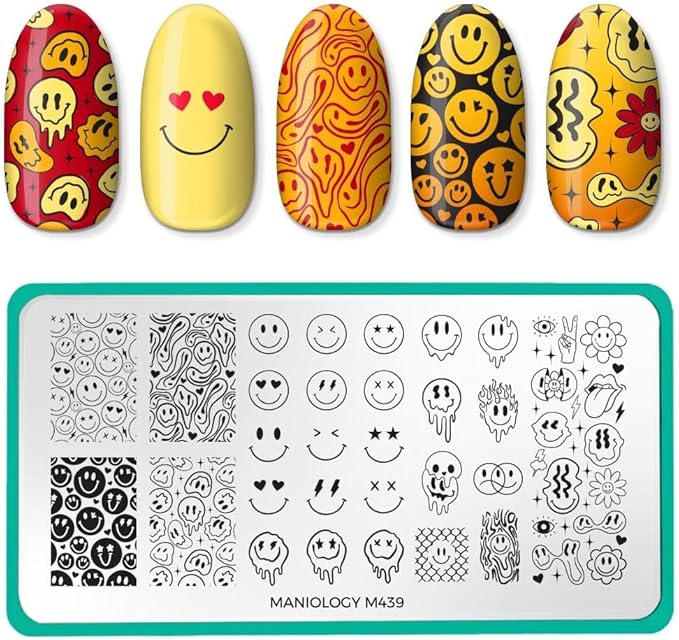 Maniology Happy Face Nails Nail Stamping Plate | Emoji-Inspired Designs DIY Manicure Design, Smiley Patterns - Reusable, Rectangular, Stainless Steel Nail Art Template