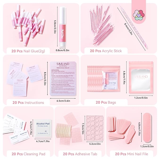 SAVILAND 20PCS Press on Nail Kit: Press On Nail Packaging with Nail File Glue Prep Pads Adhesive Tabs Acrylic Sticks Instruction Cards Pink Bags Nail Prep Application Supplies Manicure Disposable Kit
