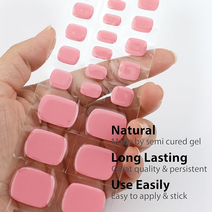 26 Pcs Pink Semi Cured Gel Toe Nail Strips Pink Gel Nail Stickers Full Cover Nails Wraps Self Adhesive Toe Nails Polish Strips Stickers for Women UV/LED Light Required