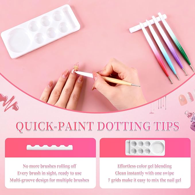ANGNYA 5PCS Nail Dotting Tools Nail Art Sculpture Pen with Nail Holder and Palette, Double Ended Nail Design Kit Silicone Pen for Carving Drawing Effect Shaping Drawing Nail Tools for Home Salon