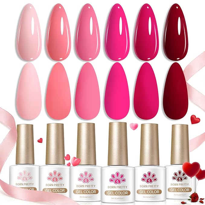 BORN PRETTY Pink Gel Nail Polish Set 6 Colors,Valentine's Day Gift From Light Pink to Bright Neon Hot Pink Sweet Lovely Red Color Gel Polish Kit for Salon Manicure and Nail Art DIY at Home