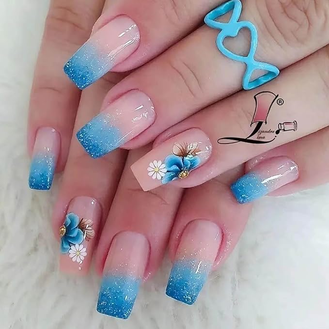 Long Square Press on Nails Light Blue Gradient French Tips Fake Nails Blue Glitter False Nails Glue on Nail with Flower Design Nails Press on Acrylic Full Cover Stick on Nail for Women
