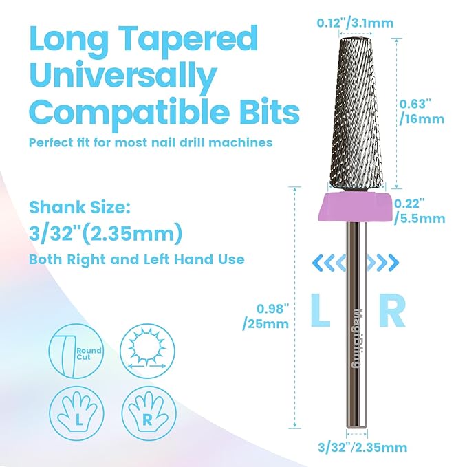 16mm 5 in 1 Tapered Barrel Nail Drill Bits, 3/32'' Safety Tungsten Carbide Bits for Professionals, Right & Left Rotation, Manicure Cuticle Gel Acrylic Removal Polishing, Technicians Bits, Double Fine