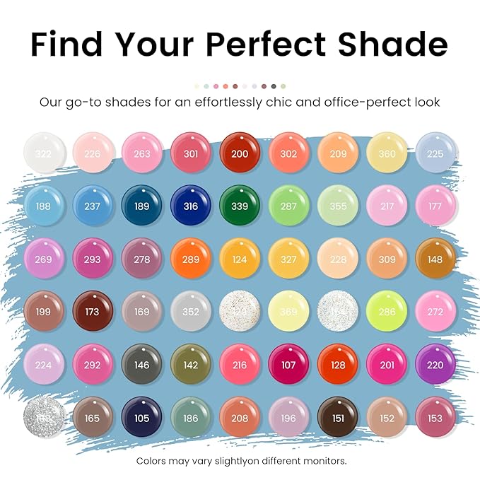 phoenixy 60 Pcs Gel Nail Polish Set, 54 Colors Gel Polish Milky White Burgundy Red Blue Yellow All Season 6 Pcs Base Top Coat DIY Beginners Gift Set for Women