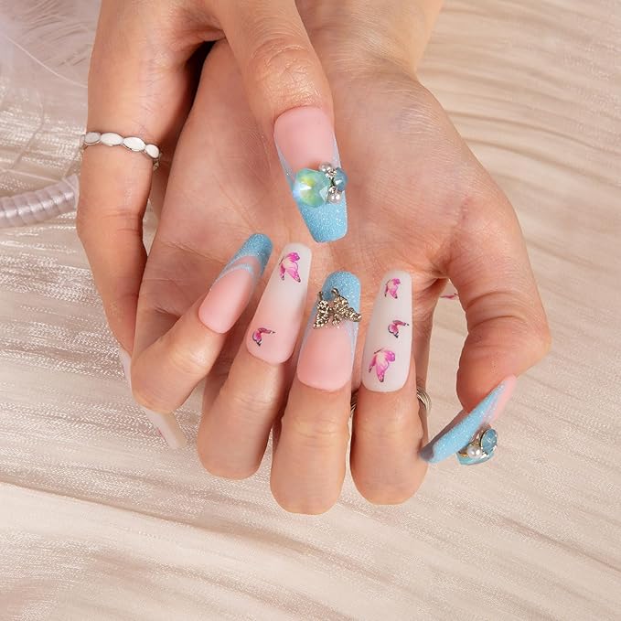 LOVFUL Press on Nails Sky Dance French Tip | Handmade with Full Covered Crystals | Reusable Full Cover Nails | Coffin Classic Regular 1.3 in | H282-M