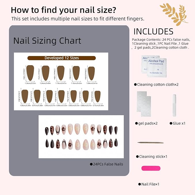Press On Nails Brown Leopard Design – Long Almond Fake Nails with Matte & Glossy Finish, Reusable Adhesive Nails for Women (24 Pcs)